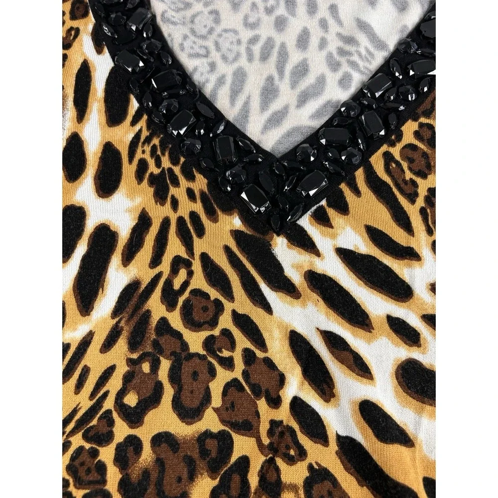 Belldini‎ Womens XL Leopard Print Top Beaded V Neck 3/4 Sleeve Stretch Knit
